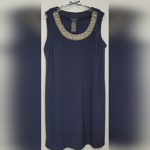 2 Piece Dress Set Navy with Embellished Neckline & Jacket - Picture 1 of 9